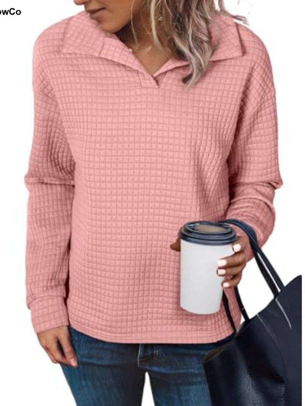 Women's Waffle Knit Long Sleeve Pullover Top Soft Loose Fit